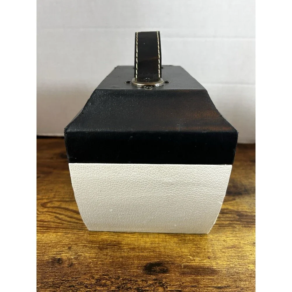 Black White Faux Leather Storage Box Decorative Trunk Case W/ Handle 8X6X7 Vtg